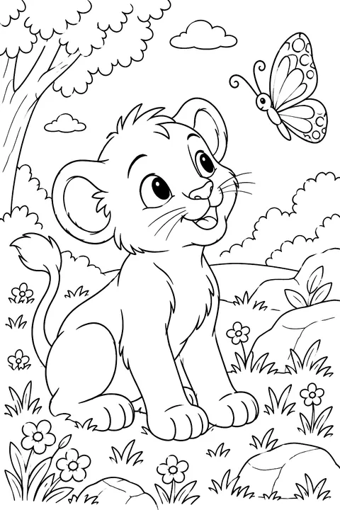 Lion cub watching a butterfly coloring page