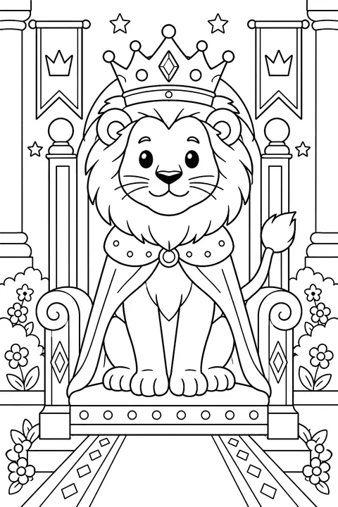 Lion wearing a crown on a throne coloring page