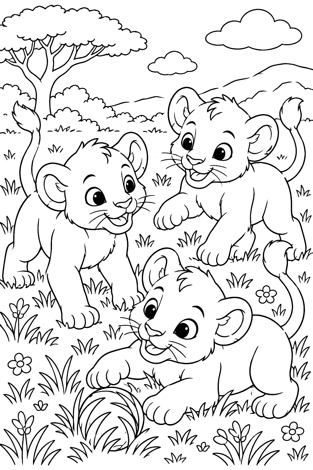 Lion cubs playing in grass coloring page
