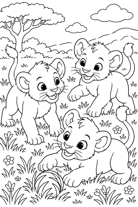 Lion cubs playing in grass coloring page