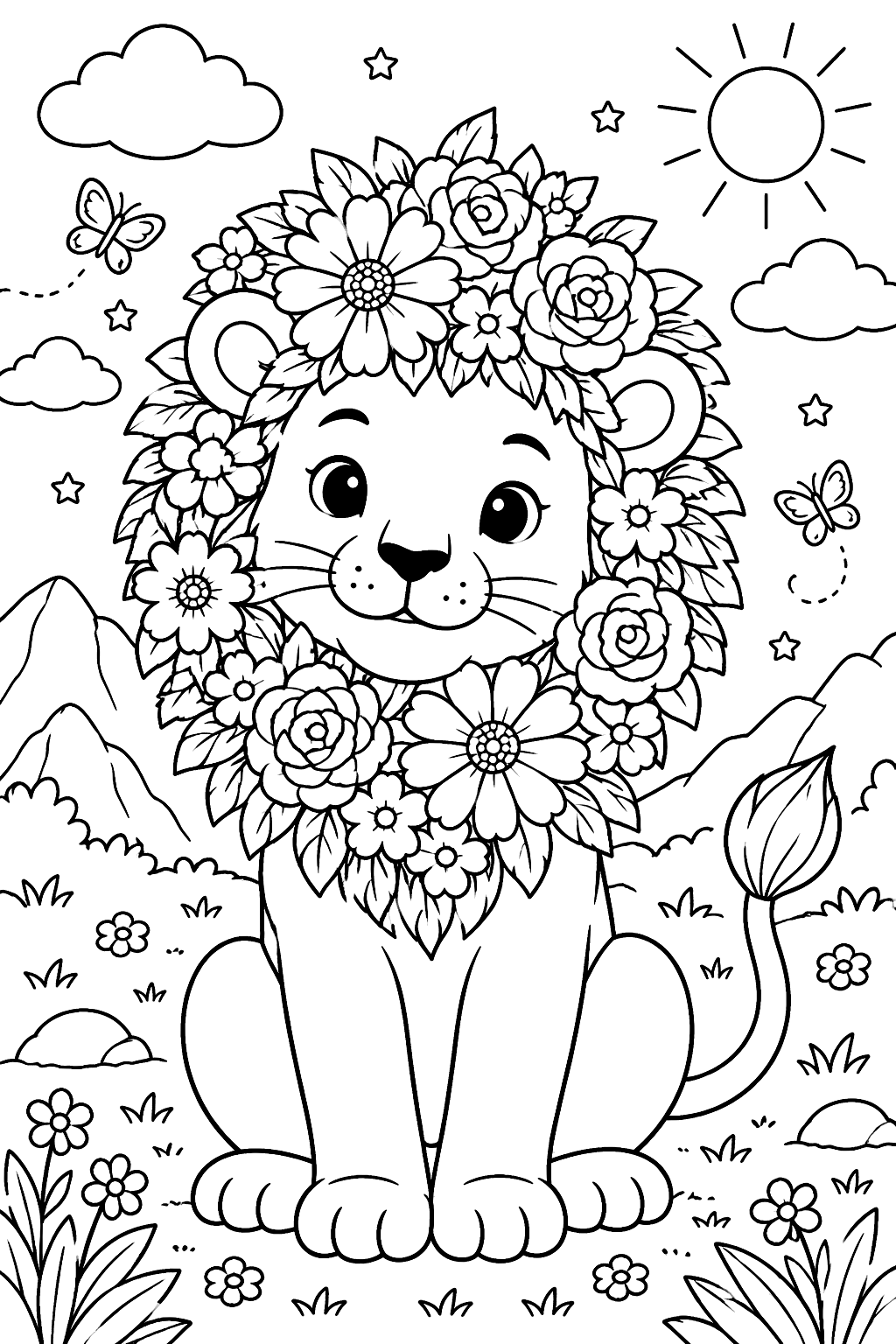 Lion with flowers in its mane coloring page