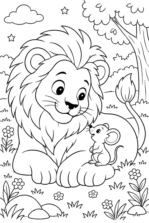 Lion with a mouse friend coloring page