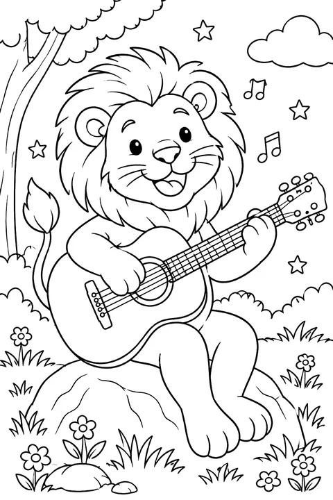 Lion playing a guitar coloring page