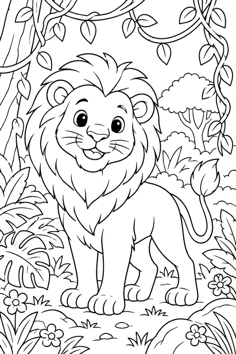 Lion in a jungle with vines coloring page