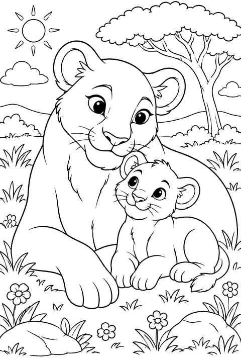Lioness with a cub coloring page