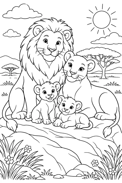 Lion, lioness and cubs on a rock in the savanna coloring page