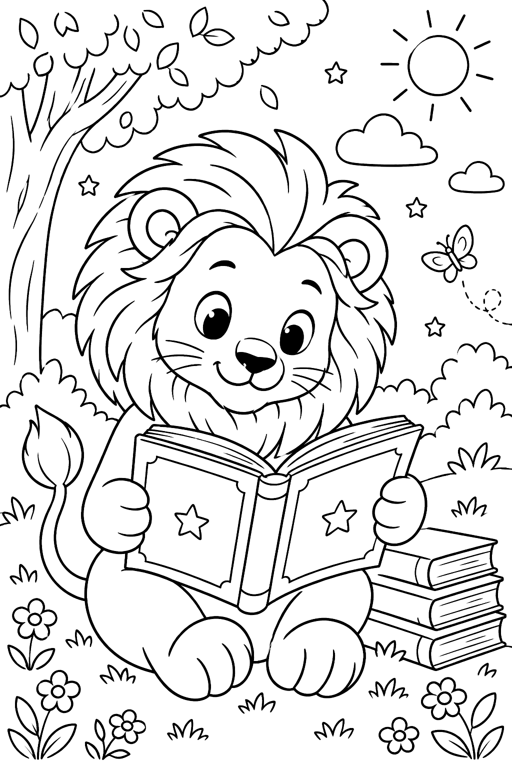 Lion reading a book coloring page