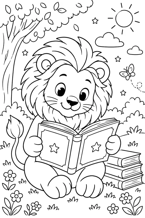 Lion reading a book coloring page