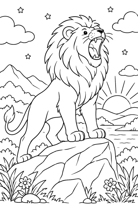 Lion roaring on a rock at sunrise coloring page