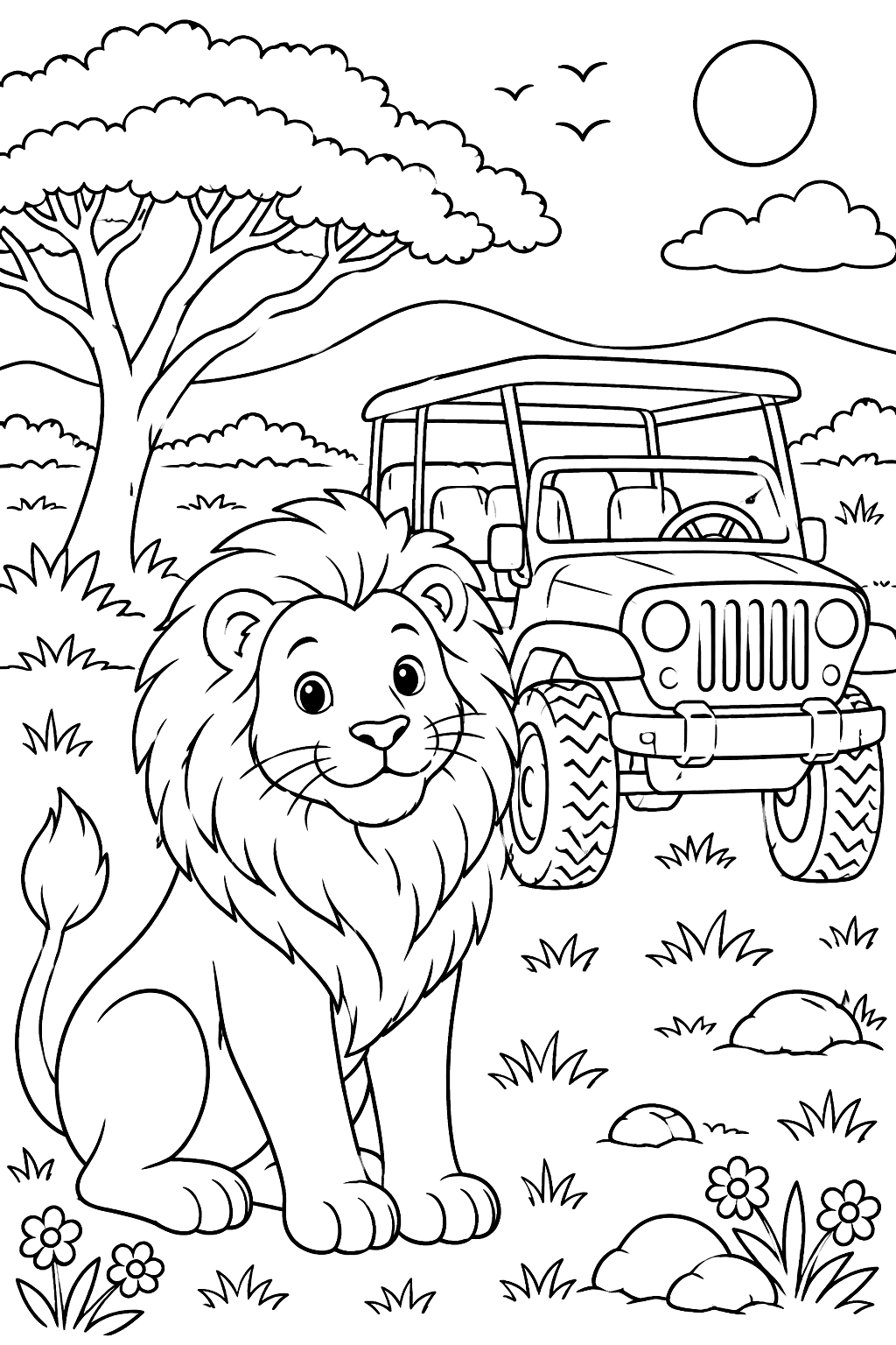 Lion near a safari jeep coloring page