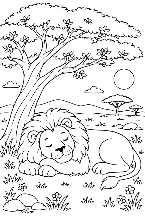Lion sleeping under an acacia tree coloring page