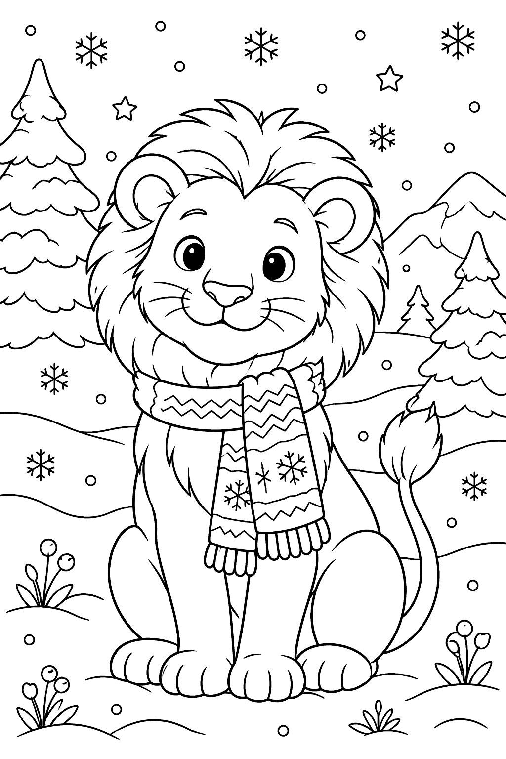 Lion in a scarf in the snow coloring page