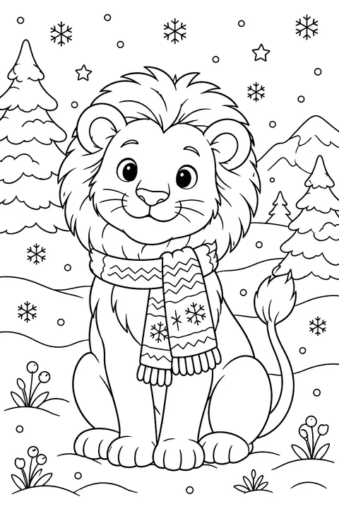Lion in a scarf in the snow coloring page