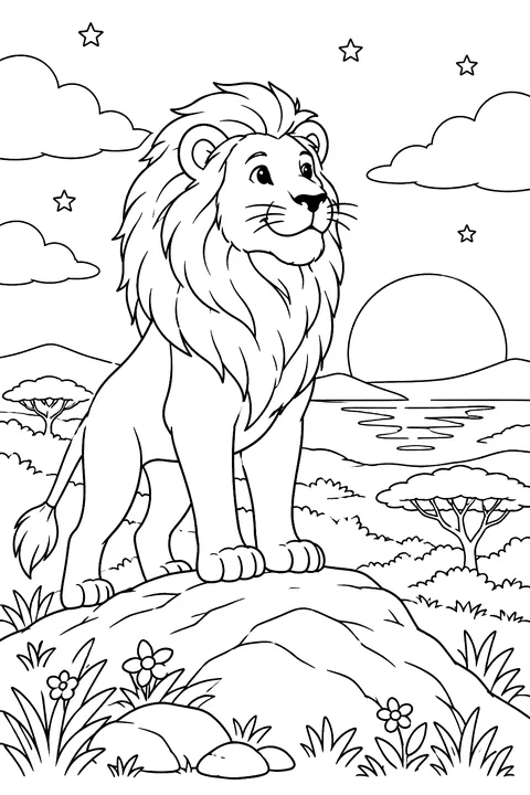 Lion at sunset on a hill coloring page