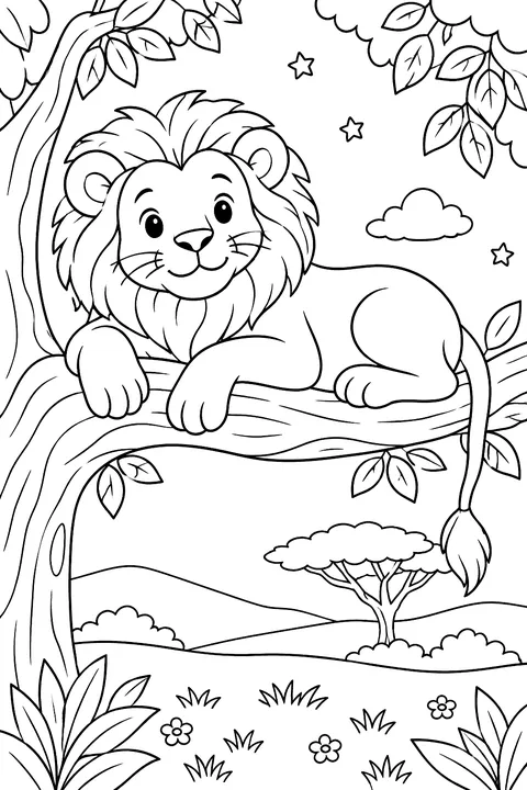 Lion lying on a tree branch coloring page