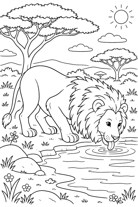 Lion crouching to drink at a waterhole with acacia trees coloring page