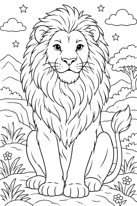 Realistic lion portrait with a big mane coloring page