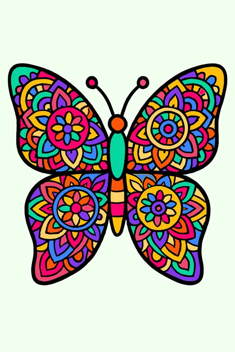 Symmetric butterfly with mandala patterns on its wings coloring page