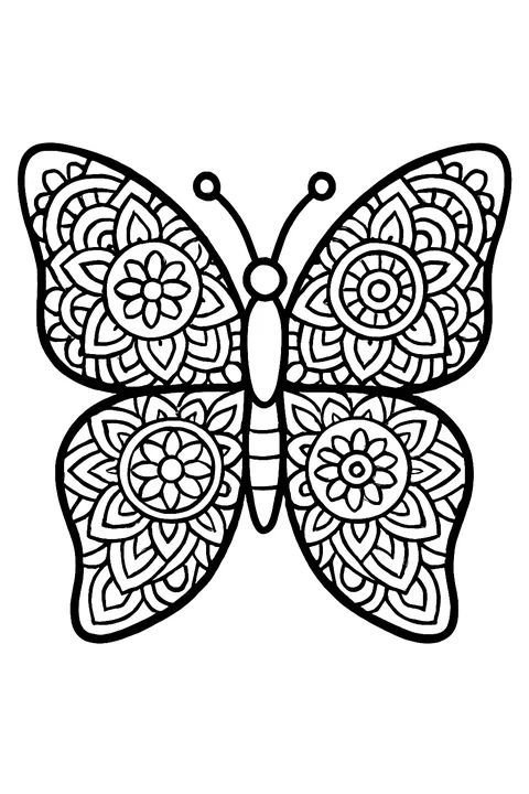 Symmetric butterfly with mandala patterns on its wings coloring page