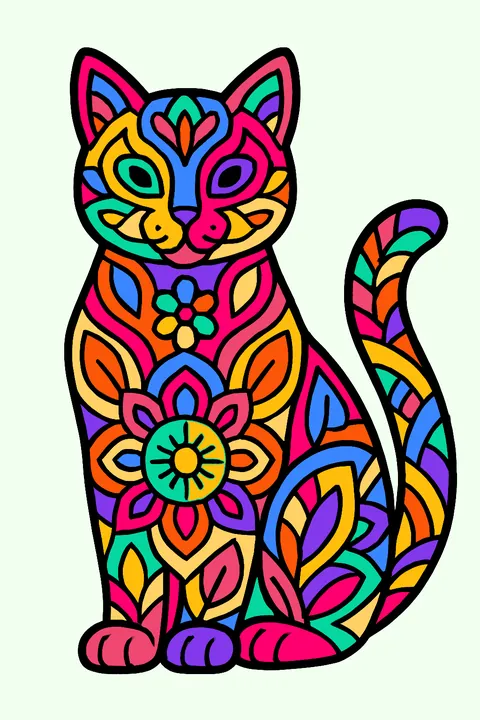 Sitting cat filled with decorative mandala patterns coloring page