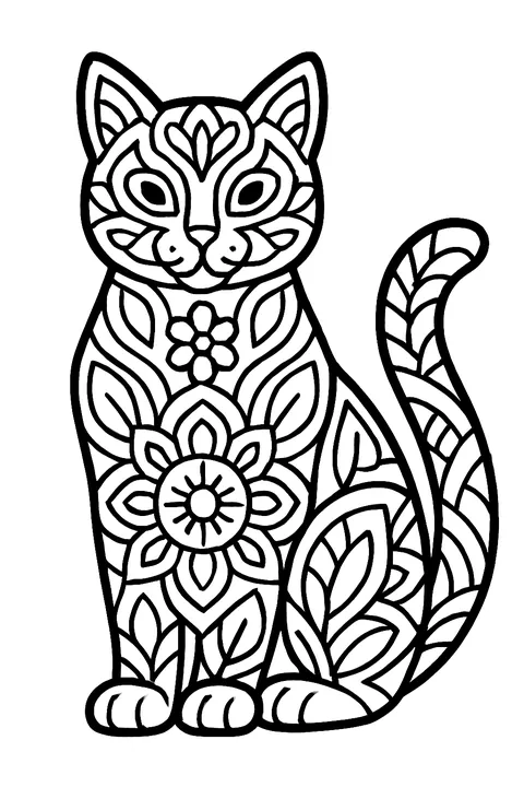 Sitting cat filled with decorative mandala patterns coloring page