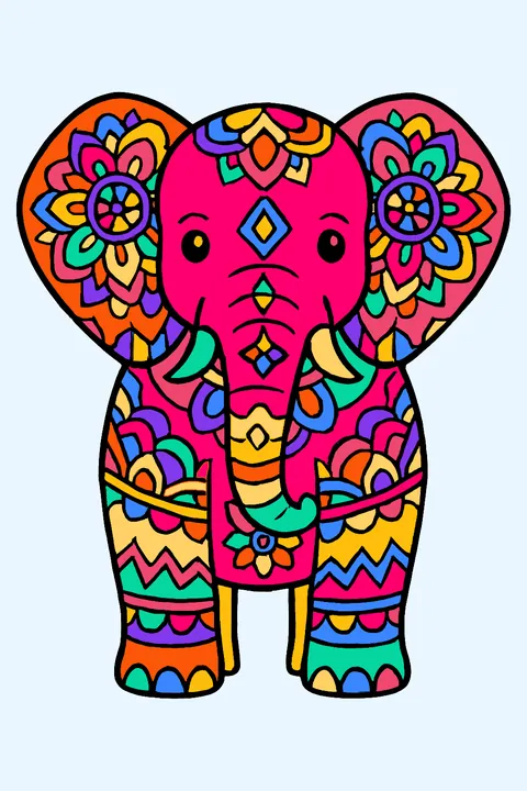 Elephant decorated with mandala patterns on its ears and body coloring page