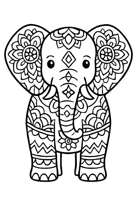 Elephant decorated with mandala patterns on its ears and body coloring page