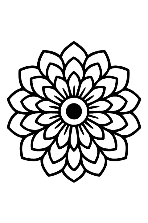 Round flower mandala with layered petals coloring page