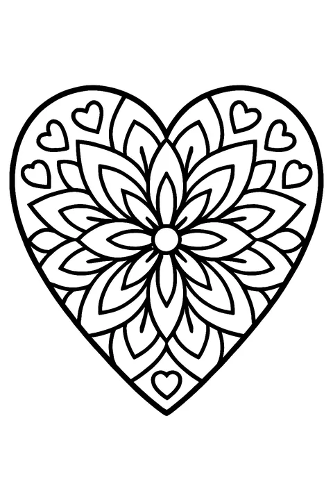 Heart filled with a mandala flower and small hearts coloring page