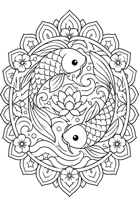 two koi fish mandala coloring page
