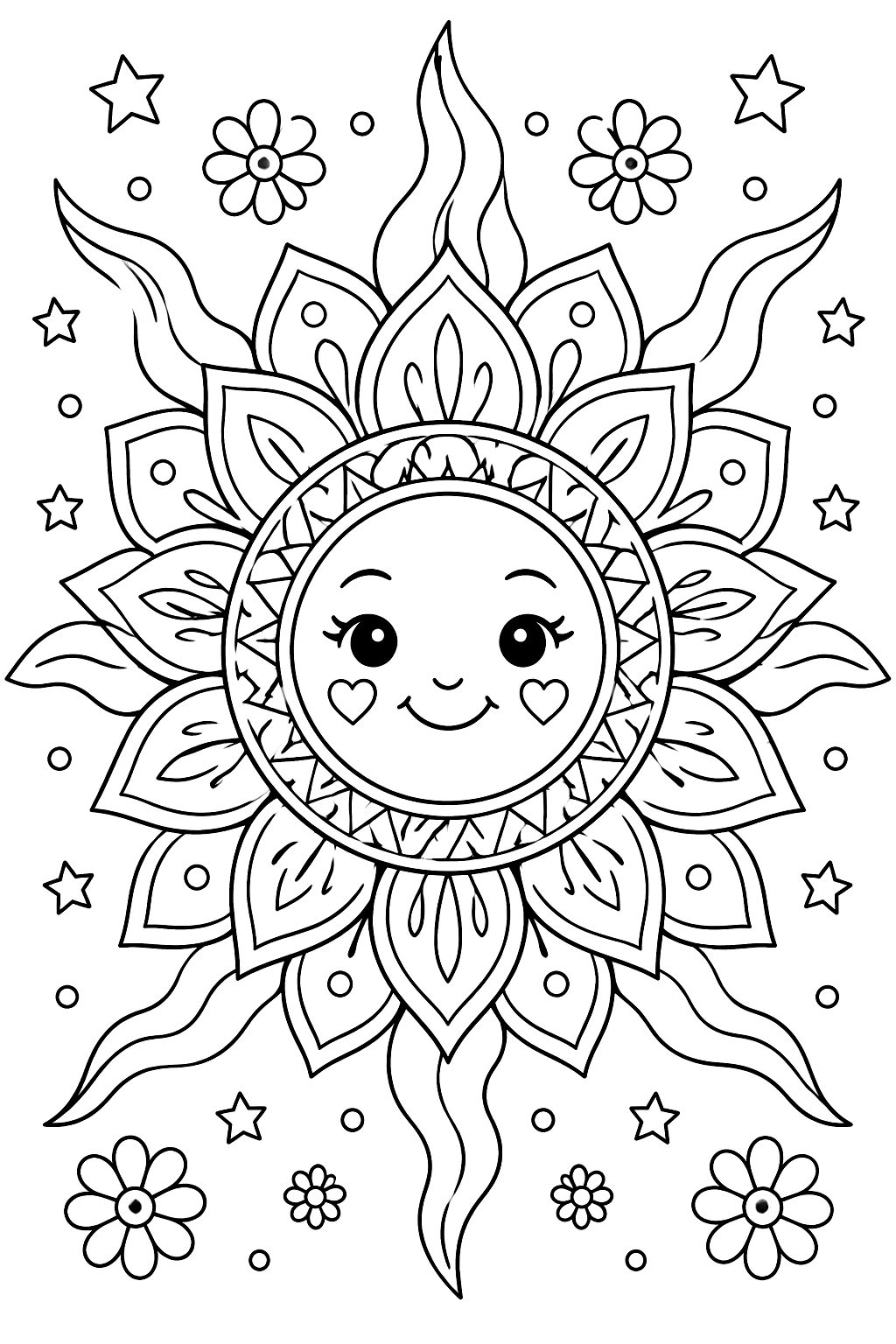 a sun mandala with rays and petals coloring page