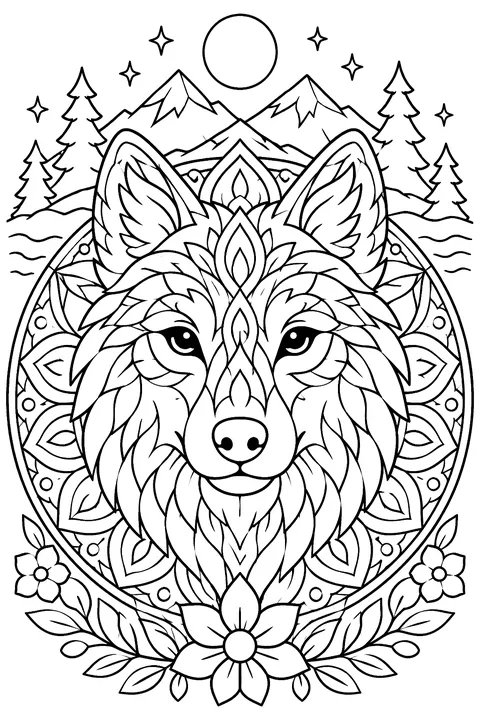 a wolf head mandala coloring page