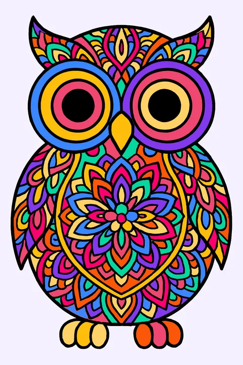 Owl made of detailed mandala patterns with big round eyes coloring page