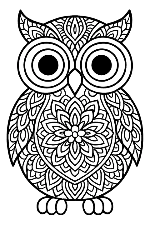 Owl made of detailed mandala patterns with big round eyes coloring page