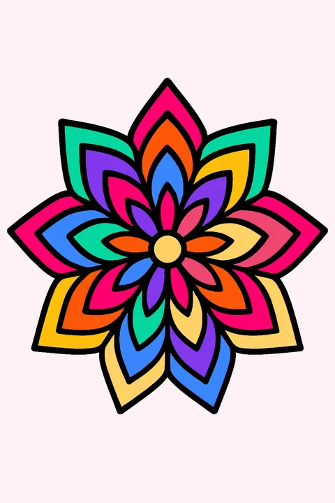 Eight-pointed star mandala with layered petals coloring page