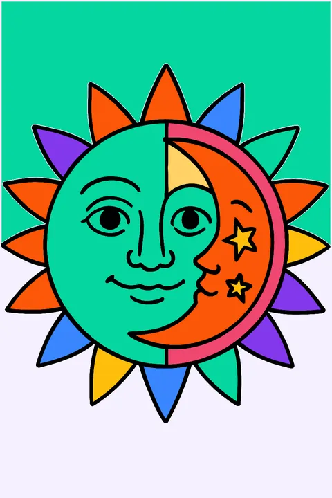 Mandala with a sun face on one half and a crescent moon on the other coloring page