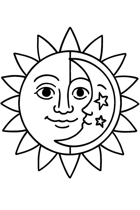 Mandala with a sun face on one half and a crescent moon on the other coloring page
