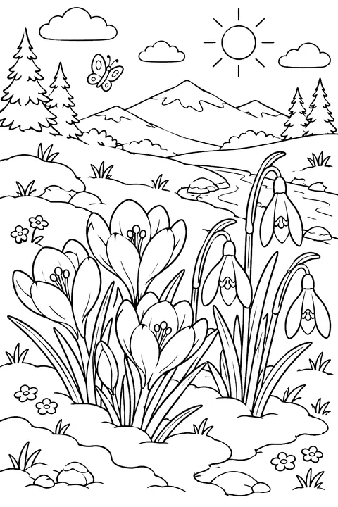 Crocuses and snowdrops poking through the melting snow coloring page