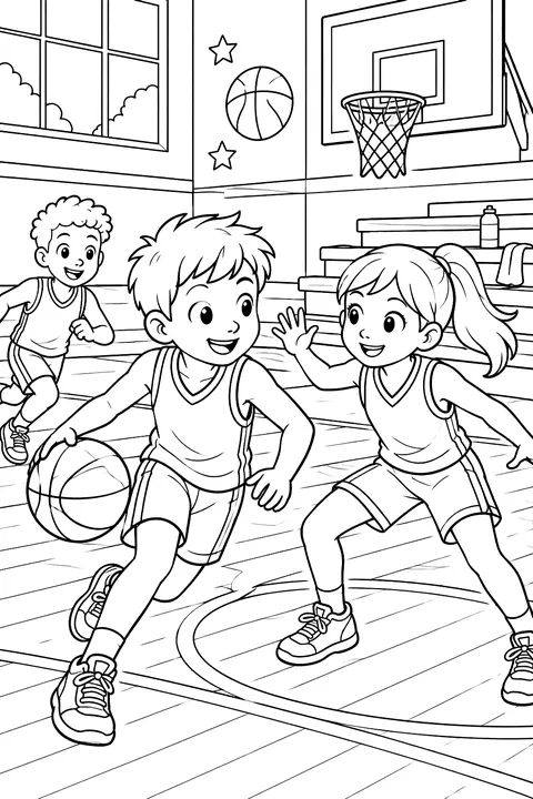 Kids playing basketball in a gym coloring page
