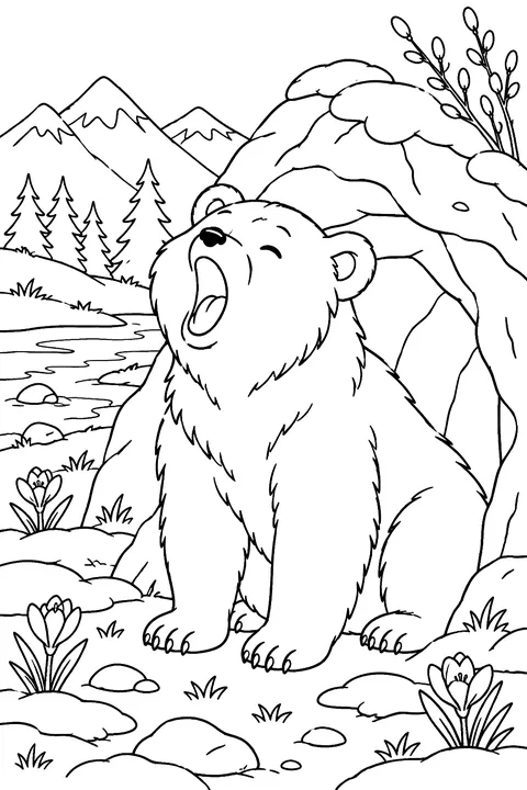 A bear yawning as it wakes up outside its cave in early spring coloring page