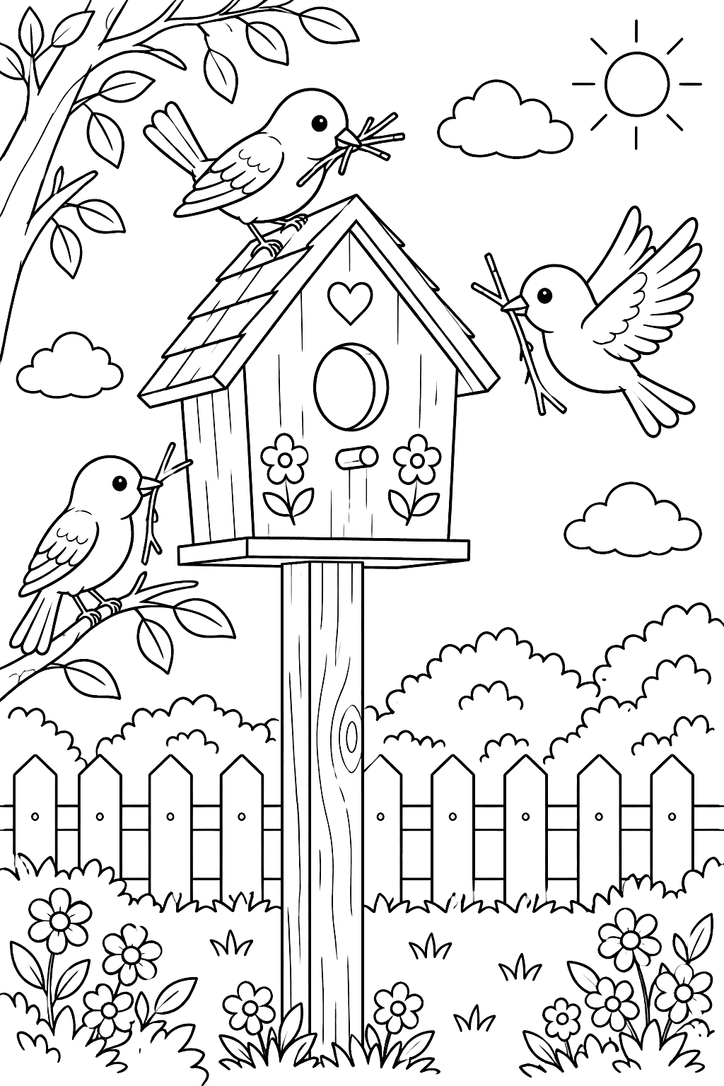 A birdhouse on a pole with birds bringing twigs coloring page
