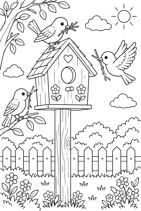 A birdhouse on a pole with birds bringing twigs coloring page