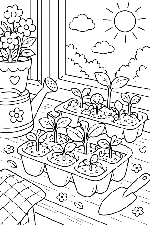 Seedlings in egg cartons on a sunny windowsill coloring page