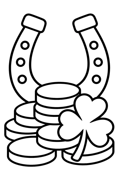 A pile of gold coins with a horseshoe and clover coloring page