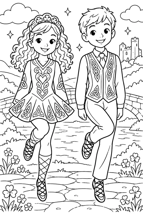Two kids doing an Irish step dance in costumes coloring page
