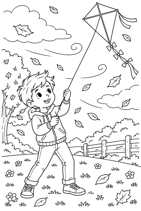 A kid holding a kite on a windy day with leaves blowing coloring page