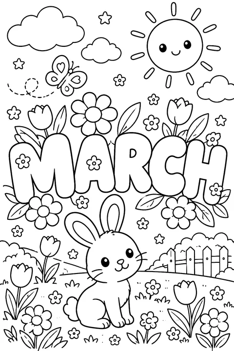 The word MARCH in big bubble outline letters with flowers around coloring page