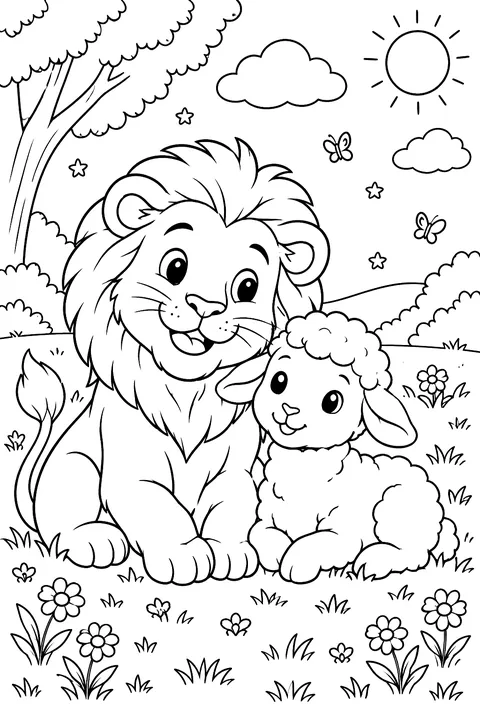 A friendly lion and a lamb sitting together in a meadow coloring page