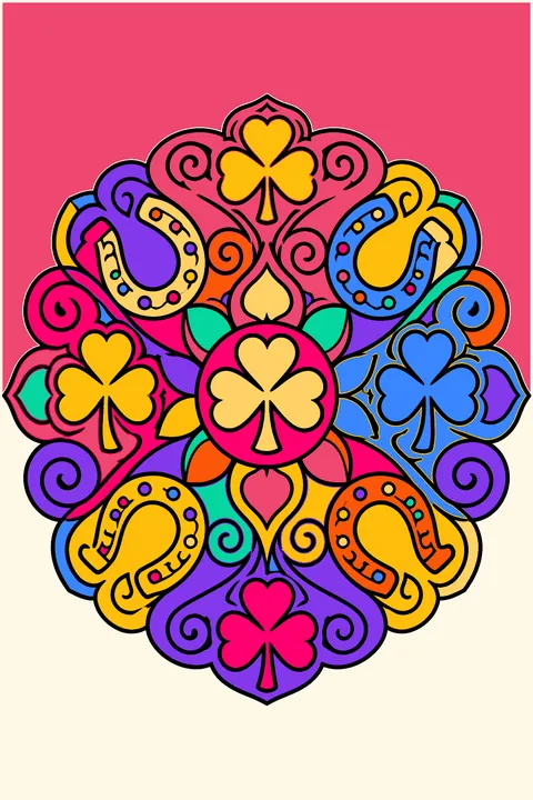 A round mandala of shamrocks, horseshoes and swirls with bold closed shapes coloring page