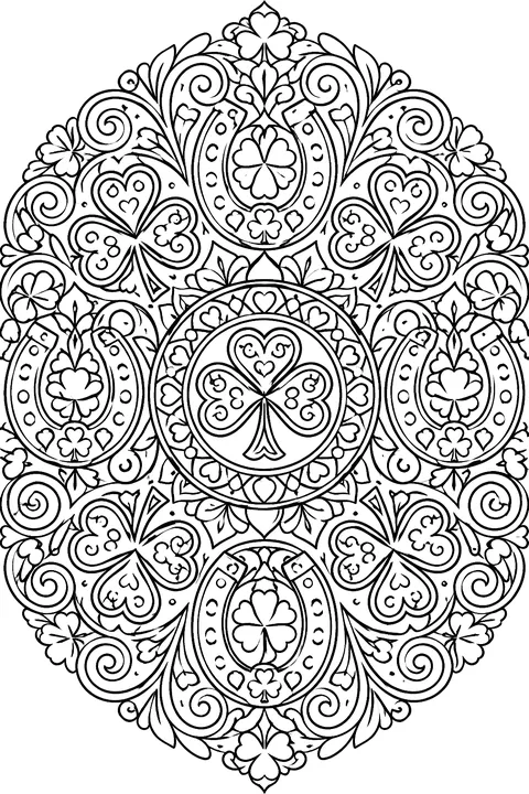 A round mandala of shamrocks, horseshoes and swirls with bold closed shapes coloring page